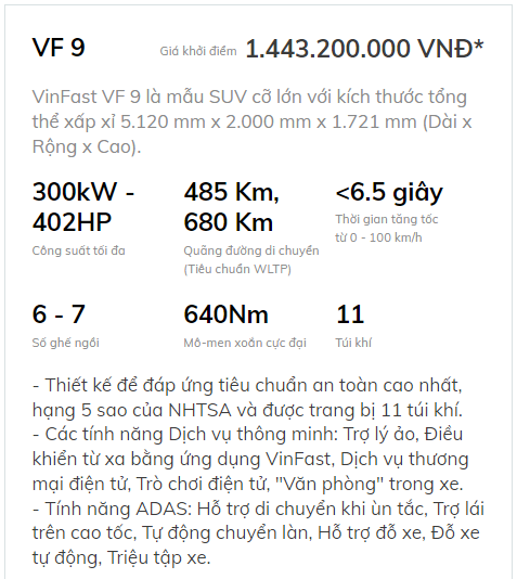 Thong so VinFast VF9 - Bảng giá ô tô điện VinFast VF8 và VF9 mới nhất